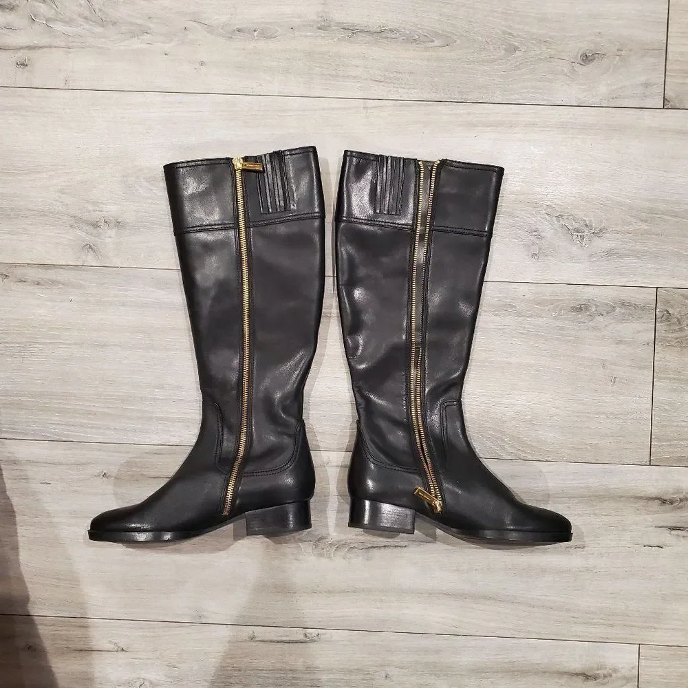 Michael Kors Women Black Leather Riding Harness Boots Knee High Size 6M